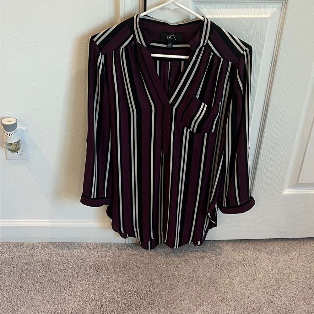 BCX Women's Burgundy and White Striped Button Down Shirt